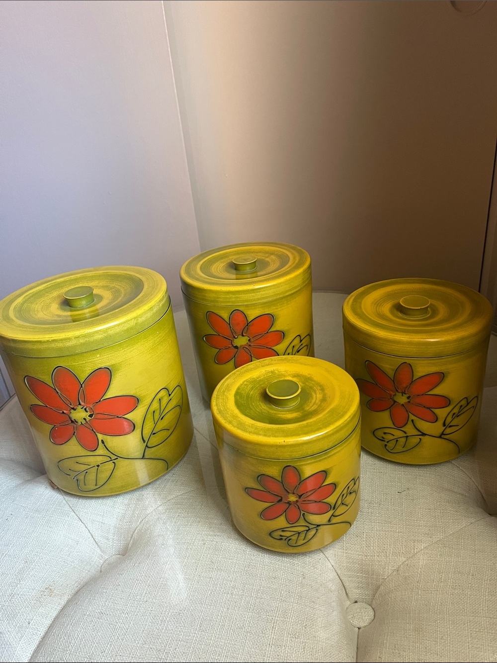 Vintage Yellow Floral Metal Canister Set - 4pc Made In Japan - Picture 2 of 9